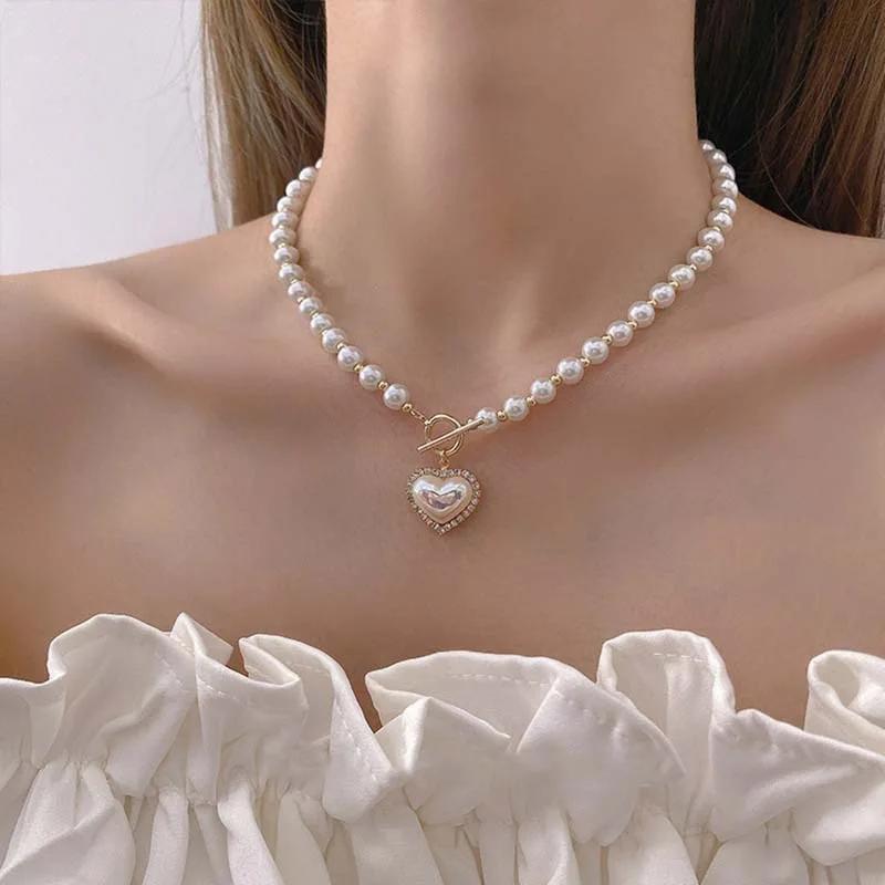Pearl Choker Necklace Vintage - สร้อยคอไข่มุกเทียมวินเทจแบบใหม่สำหรับผู้หญิง สร้อยคอแบบเรียบง่ายพร้อมตัวล็อคแบบ OT จี้รูปหัวใจ สร้อยคอประดับกระดูกไหปลาร้า