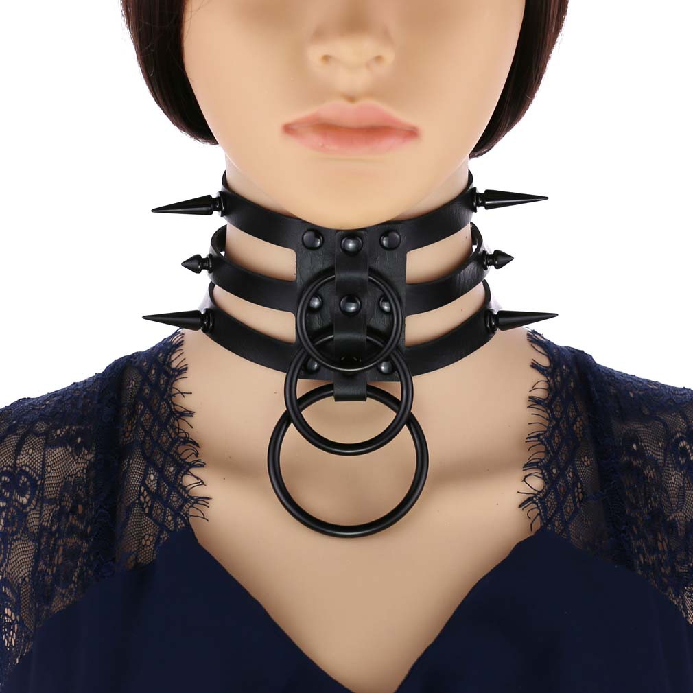 Goth Punk Spike Choker - สร้อยคอโชคเกอร์หนังหมุดดำแฟชั่นสำหรับผู้หญิงและผู้ชาย สไตล์พังก์ วงกลม หนามแหลม โกธิค ฮาราจูกุ
