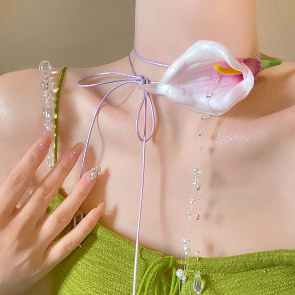 Pearl Choker Necklace Vintage - แฟชั่นยุ้ยCalla Lilyลูกปัดจี้VINTAGE Elegantเกาหลีสไตล์เชือกเทียนจี้พู่ดอกไม้Chokerสร้อยคอ